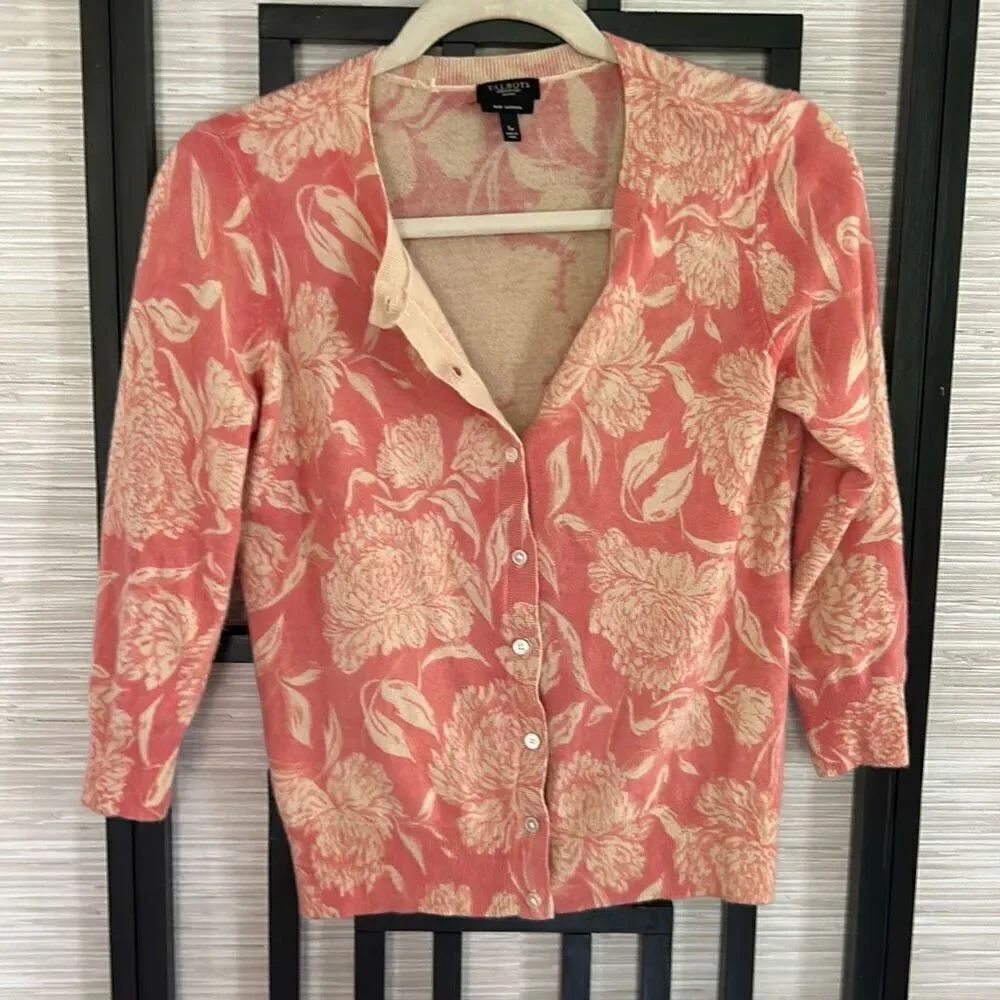 Talbots 100% cashmere pink floral cardigan sweater size SP